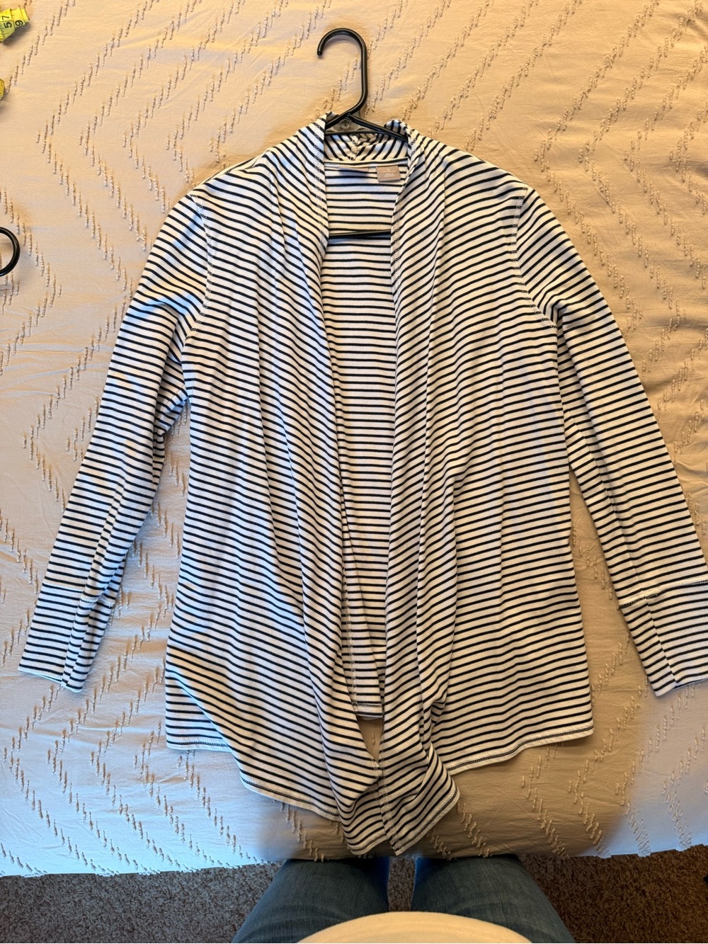 Chico's Navy and White Striped Open-Front Cardigan